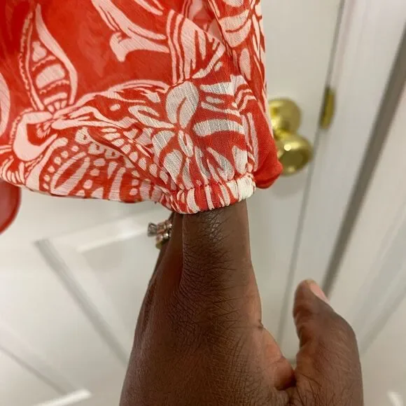 Evereve orange and white floral print long sleeve tie front top, size x small - Picture 8 of 12